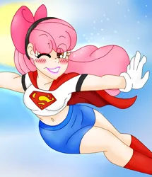 Size: 1555x1805 | Tagged: apple bloom, artist:blackbewhite2k7, belly button, clothes, crossover, derpibooru import, flying, human, humanized, midriff, safe, skirt, solo, supergirl
