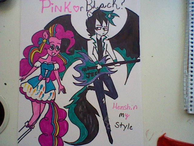 Size: 640x480 | Tagged: safe, artist:cadence1234, derpibooru import, pinkie pie, demon, equestria girls, rainbow rocks, crossover, dan, dan vs, electric guitar, guitar, humanized, ponied up, traditional art, winged humanization