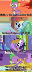 Size: 491x1100 | Tagged: alicorn, castle sweet castle, comic, crossing the memes, derpibooru import, edit, edited screencap, exploitable meme, image macro, i'm pancake, insane troll logic, manebow sparkle, meme, memeception, new rainbow dash, op is on drugs, pancakes, rainbow dash, safe, screencap, screencap comic, spike, the lost treasure of griffonstone, the return of harmony, twilight sparkle, twilight sparkle (alicorn)