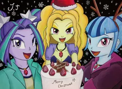 Size: 1044x765 | Tagged: safe, artist:jet-ann, derpibooru import, adagio dazzle, aria blaze, sonata dusk, equestria girls, cake, christmas, hat, looking at you, open mouth, reindeer antlers, santa hat, smiling, strawberry, the dazzlings