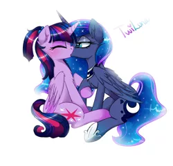 Size: 1600x1534 | Tagged: dead source, safe, artist:magnaluna, derpibooru import, princess luna, twilight sparkle, twilight sparkle (alicorn), alicorn, pony, alternate hairstyle, blushing, ethereal mane, eyes closed, female, holding hooves, kissing, lesbian, mare, ponytail, raised hoof, shipping, simple background, spread wings, starry mane, twiluna, white background