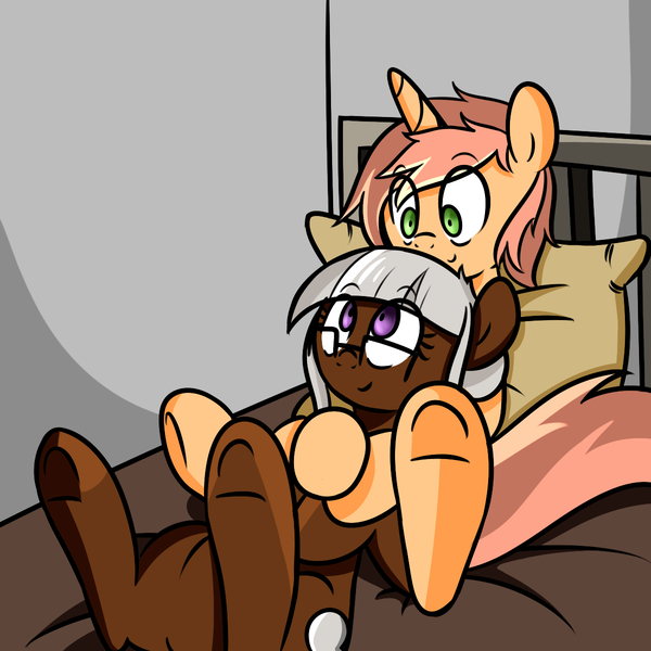 Size: 1200x1200 | Tagged: safe, artist:fullmetalpikmin, derpibooru import, oc, oc:amalgam, oc:spectrum lighting, unofficial characters only, earth pony, pony, unicorn, fallout equestria, bed, cuddling, snuggling, specgam, underhoof