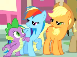 Size: 1153x869 | Tagged: applejack, applespike, applespikedash, artist:titanium-pony, bedroom eyes, bisexual, cropped, derpibooru import, edit, edited screencap, female, lesbian, male, pinkie pride, polyamory, rainbow dash, rainbowspike, safe, screencap, shipping, smiley face, smiling, spike, straight