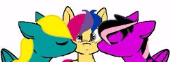 Size: 469x171 | Tagged: safe, artist:anonymouspegasisterweshallnotnameatthemoment, derpibooru import, oc, oc:jam sod, oc:sparkle sword, oc:star racer, unofficial characters only, base used, blushing, cute, kissing