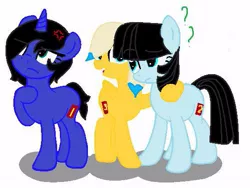 Size: 543x408 | Tagged: annoyed, artist:anonymouspegasisterweshallnotnameatthemoment, base used, confused, cute, derpibooru import, hug, oc, oc:baldwin, oc:cydney bennet, oc:shay, safe, unofficial characters only