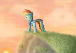 Size: 1062x752 | Tagged: artist:chanceyb, derpibooru import, hill, rainbow dash, safe, scenery, solo, sunset