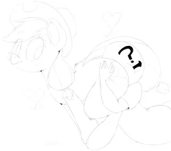 Size: 1280x1127 | Tagged: suggestive, artist:purple-yoshi-draws, derpibooru import, applejack, oc, oc:anon, human, pony, :t, applebutt, butthug, female, heart, human on pony action, interspecies, male, monochrome, open mouth, sketch, straight