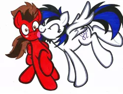 Size: 1024x784 | Tagged: safe, artist:stazik, derpibooru import, oc, oc:ponyfirestone, oc:scribble sonnet, unofficial characters only, pegasus, pony, licking, surprised, tongue out, traditional art