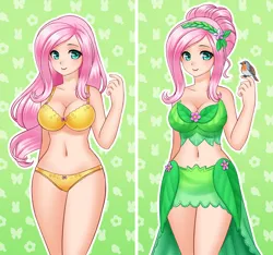 Size: 1416x1323 | Tagged: adorasexy, artist:racoonsan, bare shoulders, beautiful, belly button, big breasts, bird, bra, breasts, busty fluttershy, cleavage, clothes, cute, derpibooru import, dress, female, fluttershy, frilly underwear, gala dress, human, humanized, lingerie, looking at you, midriff, panties, sexy, shyabetes, sleeveless, smiling, solo, solo female, strapless, suggestive, underwear, yellow underwear