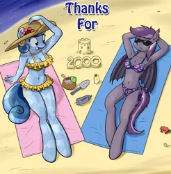 Size: 1280x1301 | Tagged: suggestive, artist:whatsapokemon, derpibooru import, oc, oc:heart song, oc:violet rose, unofficial characters only, anthro, bat pony, crab, crystal pony, unguligrade anthro, anthro oc, armpits, beach, belly button, bikini, breasts, cleavage, clothes, female, hat, lying down, on back, sand, skirt, sunbathing, sunglasses, sun hat, swimsuit