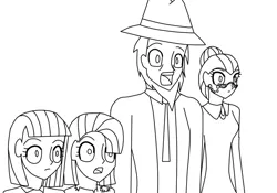 Size: 1000x700 | Tagged: artist:drspencerreidbietch, cloudy quartz, derpibooru import, human, humanized, igneous rock pie, limestone pie, lineart, marble pie, monochrome, pie family, quartzrock, safe, scene interpretation, the cutie mark chronicles