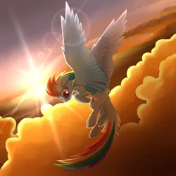 Size: 2880x2880 | Tagged: safe, artist:wingedwolf94, deleted from derpibooru, derpibooru import, rainbow dash, pegasus, pony, backlighting, cloud, female, flying, goggles, large wings, lens flare, mare, solo, spread wings, sunset, tail feathers, wings, wonderbolt trainee uniform, wonderbolts uniform