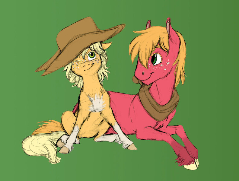 Size: 1280x970 | Tagged: safe, artist:earthsong9405, deleted from derpibooru, derpibooru import, applejack, big macintosh, earth pony, horse, pony, brother and sister, colt, colt big macintosh, cute, duo, female, filly, filly applejack, fluffy, giant hat, green background, hat, male, prone, realistic anatomy, realistic horse legs, simple background, smiling, socks (coat marking), unshorn fetlocks, wink, younger