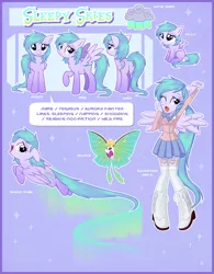 Size: 3060x3920 | Tagged: safe, artist:centchi, derpibooru import, oc, oc:selene, oc:sleepy skies, unofficial characters only, moth, pegasus, pony, equestria girls, clothes, equestria girls-ified, pet, pet oc, ponied up, reference sheet, skirt, solo