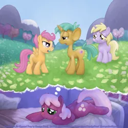 Size: 2000x2000 | Tagged: artist:smudge proof, bed, cheerilee, commission, cover, derpibooru import, dinky hooves, fanfic art, field, grass field, gut instinct, illustration, insomnia, night, safe, scootaloo, snails, sweat, thought bubble