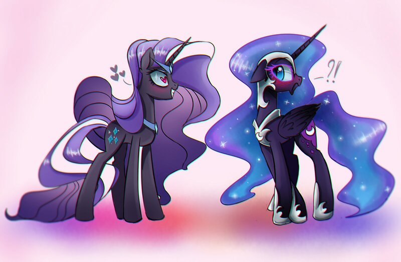 Size: 1600x1045 | Tagged: dead source, safe, artist:magnaluna, derpibooru import, nightmare moon, nightmare rarity, alicorn, pony, unicorn, abstract background, blushing, chromatic aberration, crush, cute, dance of the nightmares, duality, embarrassed, exclamation point, female, heart, heart eyes, lesbian, mare, moonabetes, question mark, raribetes, self ponidox, selfcest, shipping, slit eyes, smiling, unamused, wingding eyes