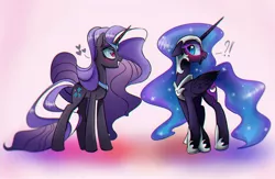 Size: 1600x1045 | Tagged: dead source, safe, artist:magnaluna, derpibooru import, nightmare moon, nightmare rarity, alicorn, pony, unicorn, abstract background, blushing, chromatic aberration, crush, cute, dance of the nightmares, duality, embarrassed, exclamation point, female, heart, heart eyes, lesbian, mare, moonabetes, question mark, raribetes, self ponidox, selfcest, shipping, slit eyes, smiling, unamused, wingding eyes