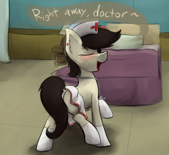 Size: 1280x1179 | Tagged: suggestive, artist:marsminer, derpibooru import, oc, oc:keith, unofficial characters only, pony, crossdressing, dialogue, male, nurse, outfit, sexy, solo, solo male, stallion