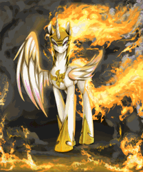 Size: 708x850 | Tagged: safe, artist:equum_amici, artist:santagiera, derpibooru import, nightmare star, princess celestia, alicorn, pony, absurd file size, absurd gif size, animated, badass, cinemagraph, curved horn, epic, equestria is doomed, female, fire, glare, helmet, hilarious in hindsight, looking at you, majestic, mane of fire, mare, regalia, run, smirk, smoke, solo, spread wings, visual effects of awesome