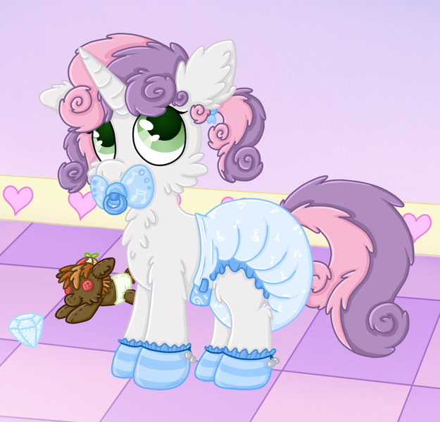 Size: 750x720 | Tagged: artist:plinkie_poi, booties, button mash, cute, derpibooru import, diaper, diaper fetish, fluffy, pacifier, plushie, poofy diaper, questionable, sweetie belle