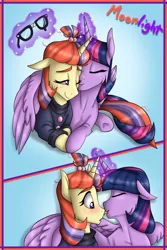 Size: 1259x1889 | Tagged: suggestive, artist:namygaga, derpibooru import, moondancer, twilight sparkle, twilight sparkle (alicorn), alicorn, pony, 2 panel comic, :p, blushing, comic, cuddling, eyes closed, face licking, female, floppy ears, fluffy, hug, lesbian, levitation, licking, magic, mare, nose licking, one eye closed, open mouth, prone, shipping, smiling, snuggling, surprised, telekinesis, tongue out, twidancer, underhoof, wide eyes, winghug, wink