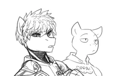 Size: 1280x808 | Tagged: artist:maccoffee, cyborg, derpibooru import, genos, monochrome, one punch man, oppai hoodie, ponified, safe, saitama