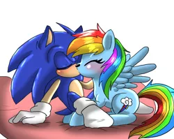 Size: 920x731 | Tagged: artist:angelofhapiness, blushing, crossover, crossover shipping, derpibooru import, eyes closed, female, interspecies, kissing, male, prone, rainbow dash, safe, shipping, sitting, sonicdash, sonic the hedgehog, sonic the hedgehog (series), spread wings, straight