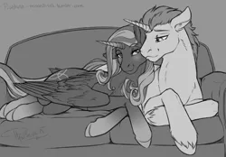 Size: 1500x1041 | Tagged: safe, artist:phathusa, derpibooru import, oc, oc:guardian flame, oc:trinity soul, unofficial characters only, alicorn, pony, unicorn, :3, bedroom eyes, couch, cuddling, female, floppy ears, gray background, grayscale, guard, looking at you, male, mare, monochrome, prone, simple background, smiling, snuggling, stallion, unshorn fetlocks