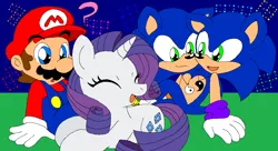 Size: 1050x570 | Tagged: safe, artist:heartinarosebud, derpibooru import, rarity, hedgehog, human, unicorn, conjoined, conjoined twins, crossover, mario, mario & sonic, mario and sonic, nintendo, sega, sonic the hedgehog, sonic the hedgehog (series), super mario bros., super smash bros., tetris, two heads, yin-yang