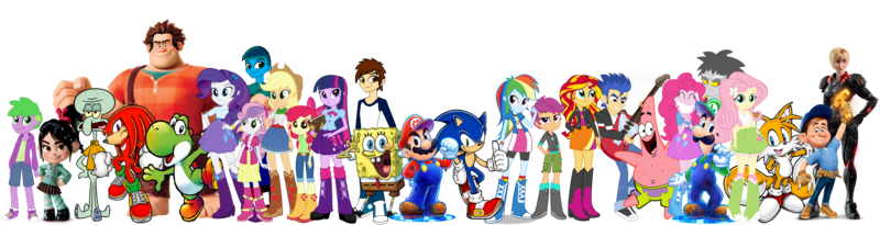 Size: 3106x797 | Tagged: safe, artist:andrestoons, derpibooru import, apple bloom, applejack, discord, flash sentry, pinkie pie, rainbow dash, scootaloo, spike, sunset shimmer, twilight sparkle, oc, oc:andres, oc:sebastian, yoshi, equestria girls, crossover, equestria girls-ified, female, fix-it felix jr., human spike, image, knuckles the echidna, luigi, luigishy, luitwi, male, maridash, mario, mario & luigi, mariopie, marioshy, mass crossover, meme, miles "tails" prower, patrick star, png, shipping, sonic the hedgehog, sonic the hedgehog (series), sonicdash, spongebob squarepants, spongebob squarepants (character), squidward tentacles, super mario bros., wreck-it ralph, yoshilight