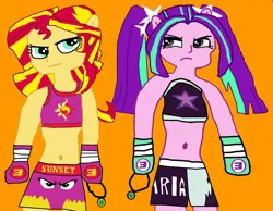 Size: 1736x1350 | Tagged: safe, artist:shafty817, derpibooru import, aria blaze, sunset shimmer, equestria girls, 1000 hours in ms paint, 30 minute art challenge, boxing, clothes, daughter, exeron fighters, exeron gloves, ms paint, pendant, ponied up, pony ears, sports bra, trunks