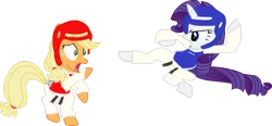 Size: 1024x476 | Tagged: dead source, safe, artist:foxy1219, derpibooru import, applejack, rarity, earth pony, pony, unicorn, black belt, chest guard, clothes, duo, duo female, female, gi, headgear, image, mare, martial artist rarity, martial arts, png, robe, simple background, taekwondo, transparent background, trousers