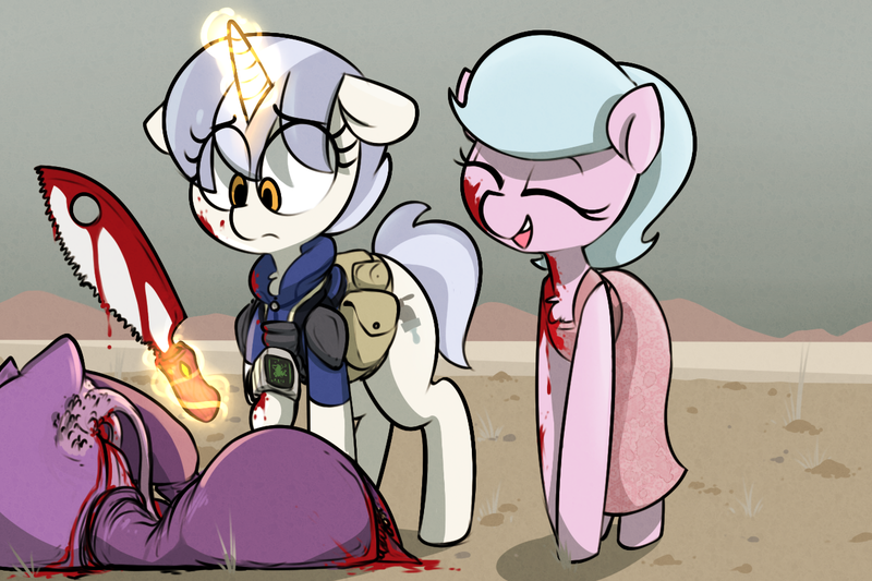 Size: 1275x850 | Tagged: grimdark, artist:whydomenhavenipples, derpibooru import, oc, oc:leaky faucet, oc:plum pudding, unofficial characters only, earth pony, pony, unicorn, fallout equestria, fallout equestria: the things we've handed down, abomination, blood, bloody, clothes, death, desert, dress, flanamingo, gore, levitation, machete, magic, monster, pipbuck, pregnant, saddle bag, telekinesis, wanamingo, wasteland