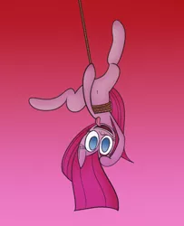 Size: 848x1045 | Tagged: safe, artist:mr. rottson, derpibooru import, pinkie pie, belly button, hung upside down, pinkamena diane pie, rope, solo, upside down