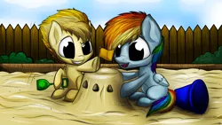 Size: 1024x576 | Tagged: safe, artist:lupiarts, derpibooru import, rainbow dash, spitfire, bucket, cute, cutefire, dashabetes, diabetes, female, filly, filly rainbow dash, filly spitfire, flag, fun, grin, hoof hold, open mouth, sand castle, sandbox, shovel, sitting, smiling, underhoof, younger