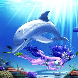 Size: 3000x3000 | Tagged: safe, artist:mykegreywolf, derpibooru import, sea swirl, seafoam, anthro, dolphin, fish, lobster, unguligrade anthro, unicorn, belly button, bikini, bubble, clothes, coral, crepuscular rays, diving, female, freediving, smiling, snorkel, snorkeling, solo, swimming, swimsuit, underwater