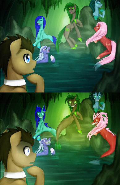 Size: 2800x4326 | Tagged: safe, artist:jewelze, derpibooru import, doctor whooves, time turner, oc, pony, siren, cave, cavern, fear, male, monster, scary, singing, sirens doing siren things, stallion, teeth, water