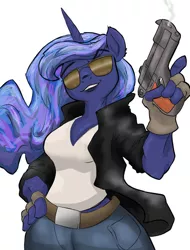 Size: 779x1025 | Tagged: anthro, artist:slouping, badass, belt, belt buckle, clothes, derpibooru import, fingerless gloves, glasses, gloves, gun, jeans, leather jacket, looking at you, princess luna, safe, sheriff, solo, trigger discipline, wip