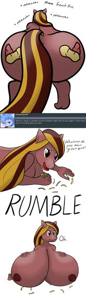 Size: 1098x3758 | Tagged: questionable, artist:mostlymlpanthroporn, derpibooru import, oc, oc:dicey tater, unofficial characters only, anthro, ask, ass, big breasts, big nipples, breast expansion, breasts, cleavage, eating, erect nipples, female, french fries, grope, growth, huge breasts, impossibly large breasts, nipples, nudity, the ass was fat, tumblr