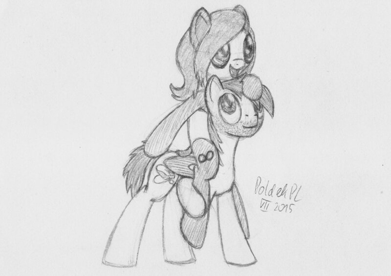 Size: 1063x751 | Tagged: safe, artist:poldekpl, derpibooru import, oc, oc:gloomy panda, oc:poldek, unofficial characters only, earth pony, pegasus, pony, happy, monochrome, pencil drawing, piggyback ride, simple background, sketch, traditional art