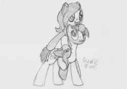 Size: 1063x751 | Tagged: safe, artist:poldekpl, derpibooru import, oc, oc:gloomy panda, oc:poldek, unofficial characters only, earth pony, pegasus, pony, happy, monochrome, pencil drawing, piggyback ride, simple background, sketch, traditional art