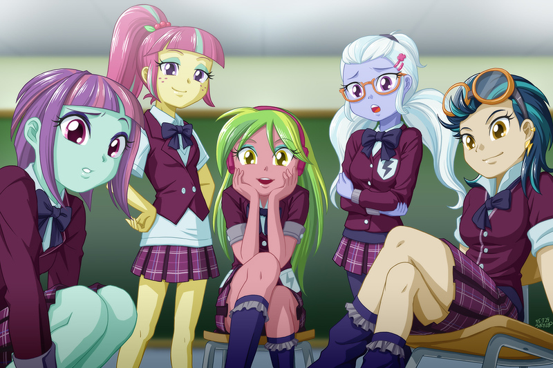 Size: 1200x800 | Tagged: safe, artist:uotapo, derpibooru import, indigo zap, lemon zest, sour sweet, sugarcoat, sunny flare, equestria girls, friendship games, bow, bowtie, chair, chalkboard, clothes, crystal prep academy, crystal prep academy uniform, cute, ear piercing, earring, female, freckles, glasses, goggles, happy, jewelry, legs, looking at you, open mouth, piercing, plaid skirt, pleated skirt, school uniform, schoolgirl, shadow five, shocked, sitting, skirt, smiling, socks, unsure, varying degrees of want, vest, wallpaper