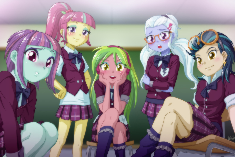 Size: 1200x802 | Tagged: safe, alternate version, artist:uotapo, derpibooru import, indigo zap, lemon zest, sour sweet, sugarcoat, sunny flare, equestria girls, friendship games, bedroom eyes, blurry, blushing, chalkboard, clothes, crystal prep academy, crystal prep academy uniform, crystal prep shadowbolts, female, glasses, hairclip, looking at you, pigtails, ponytail, school uniform, schoolgirl, shadow five, varying degrees of want