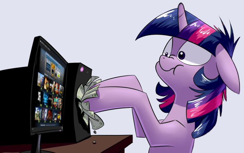 Size: 899x564 | Tagged: computer, derp, derpibooru import, edit, floppy ears, messy mane, money, nose wrinkle, safe, scrunchy face, shut up and take my money, solo, steam sale, steam (software), steam summer sale, :t, twilight sparkle, wide eyes, wingless edit