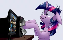 Size: 899x564 | Tagged: computer, derp, derpibooru import, edit, floppy ears, messy mane, money, nose wrinkle, safe, scrunchy face, shut up and take my money, solo, steam sale, steam (software), steam summer sale, :t, twilight sparkle, wide eyes, wingless edit