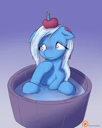 Size: 1200x1500 | Tagged: safe, artist:alasou, deleted from derpibooru, derpibooru import, trixie, pony, unicorn, bath, cute, ear fluff, female, floppy ears, fluffy, frown, horn impalement, mare, patreon, patreon logo, sad, solo, tomato, wet