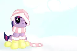 Size: 1600x1067 | Tagged: artist:dappercat-uk, boots, clothes, cute, derpibooru import, filly, hat, oversized clothes, safe, scarf, snow, solo, twiabetes, twilight sparkle