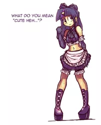 Size: 855x1055 | Tagged: anonymous artist, belly button, blushing, clothes, costume, derpibooru import, high heels, horned humanization, human, humanized, maid, midriff, safe, shy, skirt, solo, twilight sparkle