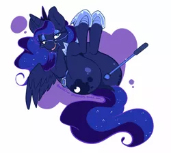 Size: 1200x1074 | Tagged: suggestive, artist:bluntwhiskey, derpibooru import, princess luna, alicorn, pony, bedroom eyes, bridle, featureless crotch, female, looking at you, moonbutt, on back, plot, riding crop, solo, solo female, spanking, underhoof, whip, whipping
