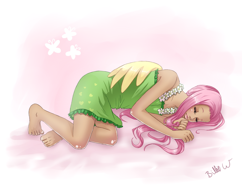 Size: 2581x1970 | Tagged: artist:missangest, barefoot, breasts, clothes, delicious flat chest, derpibooru import, dress, feet, female, flattershy, fluttershy, human, humanized, safe, sleeping, winged humanization